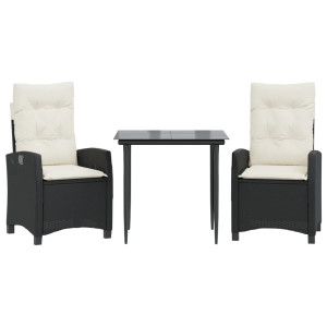 3 pcs conjunto de jantar p/ jardim c/ almofadões vime PE preto H