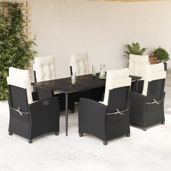 7 pcs conjunto de jantar p/ jardim c/ almofadões vime PE preto D