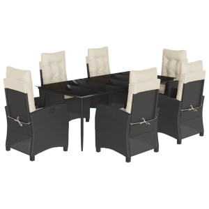 7 pcs conjunto de jantar p/ jardim c/ almofadões vime PE preto H