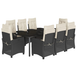 9 pcs conjunto de jantar p/ jardim c/ almofadões vime PE preto H