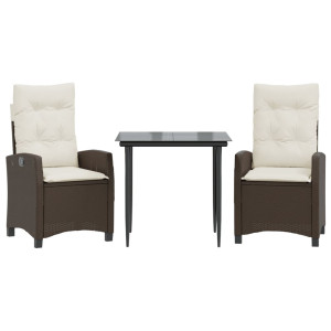 3 pcs conjunto jantar p/ jardim c/ almofadões vime PE castanho H