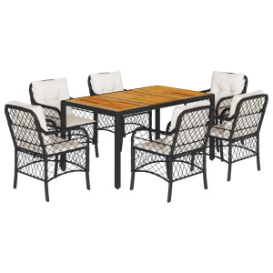 7 pcs conjunto de jantar p/ jardim c/ almofadões vime PE preto H