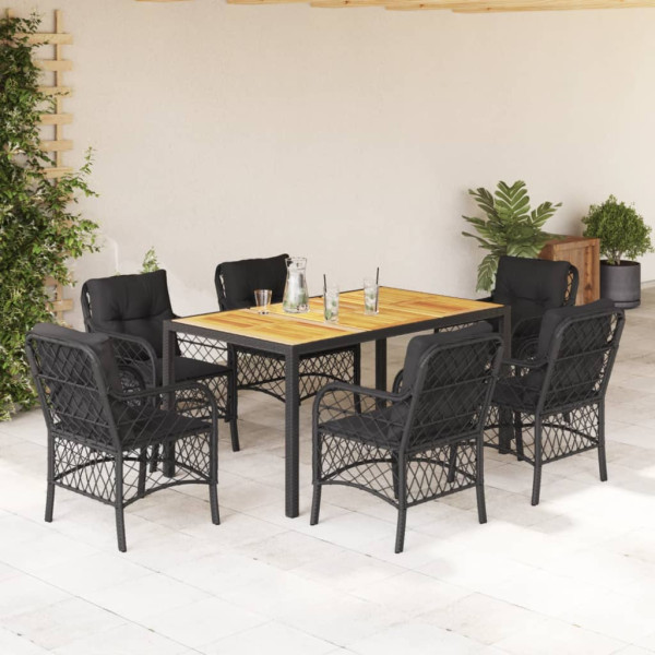Set de comedor de jardín 7 pzas y cojines ratán sintético negro D