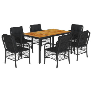 7 pcs conjunto de jantar p/ jardim c/ almofadões vime PE preto H
