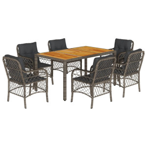 7 pcs conjunto de jantar p/ jardim c/ almofadões vime PE cinza H
