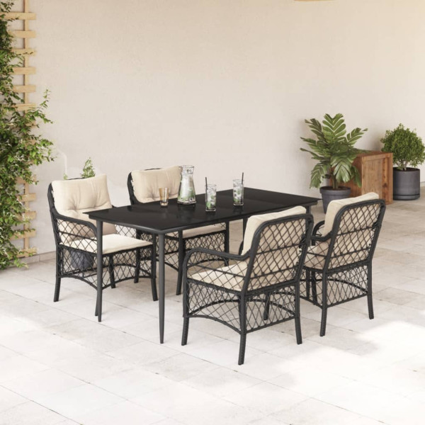 5 pcs conjunto de jantar p/ jardim c/ almofadões vime PE preto D