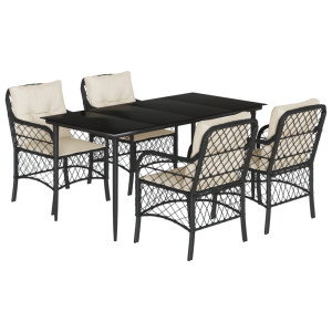 5 pcs conjunto de jantar p/ jardim c/ almofadões vime PE preto H