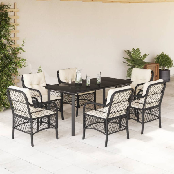 Set de comedor de jardín 7 pzas y cojines ratán sintético negro D