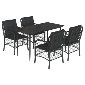 5 pcs conjunto de jantar p/ jardim c/ almofadões vime PE preto H