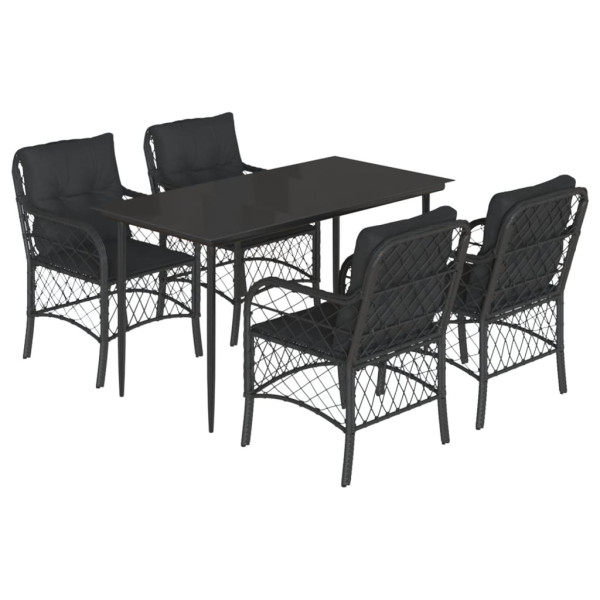 5 pcs conjunto de jantar p/ jardim c/ almofadões vime PE preto M 2