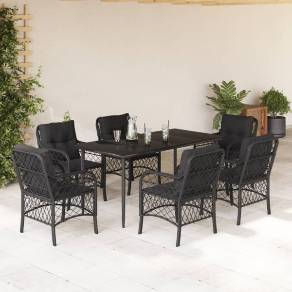 Set de comedor de jardín 7 pzas y cojines ratán sintético negro D