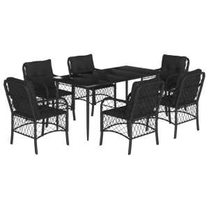7 pcs conjunto de jantar p/ jardim c/ almofadões vime PE preto H