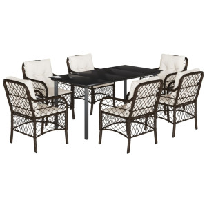 7 pcs conjunto jantar p/ jardim c/ almofadões vime PE castanho H