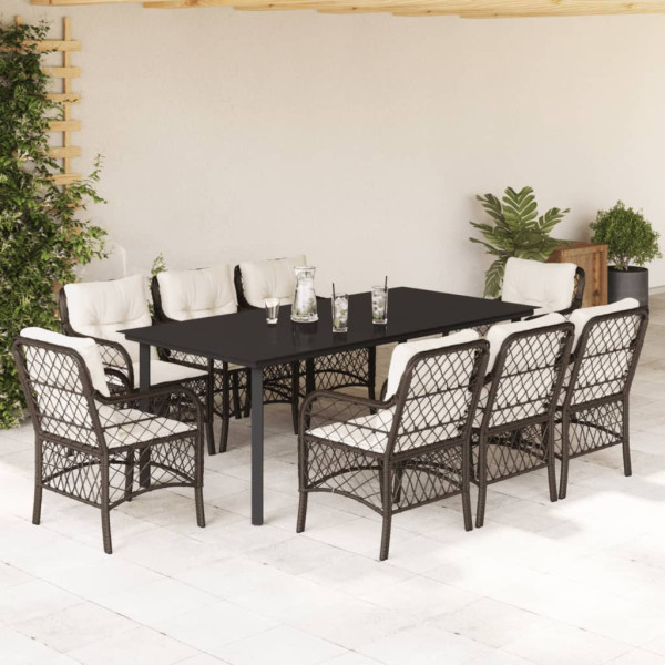 Set comedor para jardín 9 pzas y cojines ratán sintético marrón D