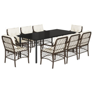 9 pcs conjunto jantar p/ jardim c/ almofadões vime PE castanho H