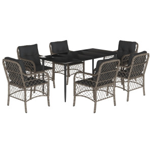 7 pcs conjunto de jantar p/ jardim c/ almofadões vime PE cinza H