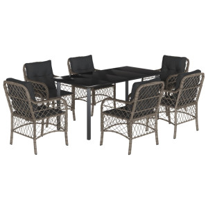 7 pcs conjunto de jantar p/ jardim c/ almofadões vime PE cinza H