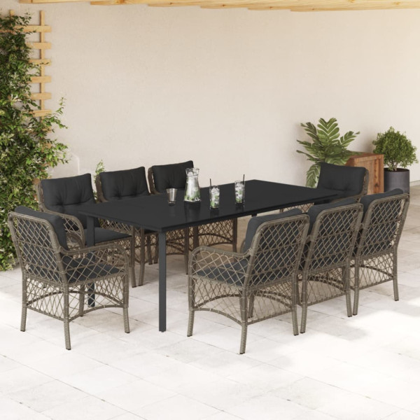 Set comedor jardín 9 pzas y cojines ratán sintético gris D