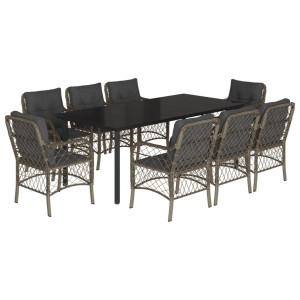 9 pcs conjunto de jantar p/ jardim c/ almofadões vime PE cinza H