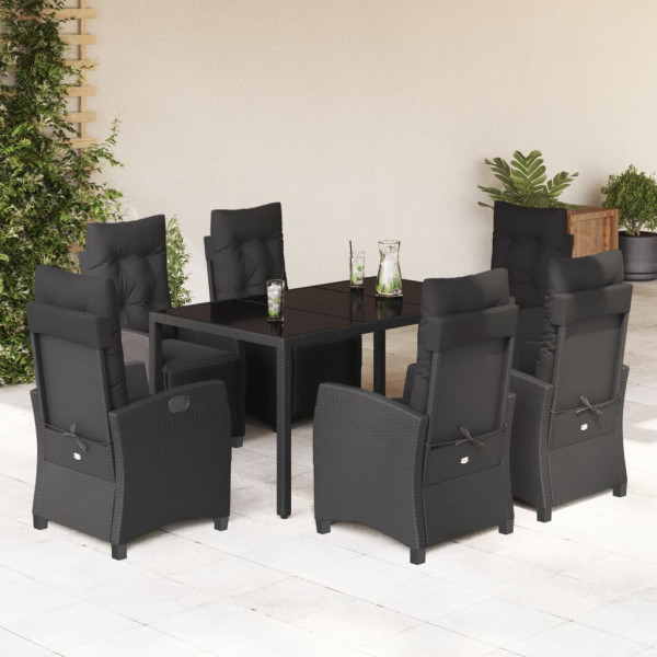 7 pcs conjunto de jantar p/ jardim c/ almofadões vime PE preto D