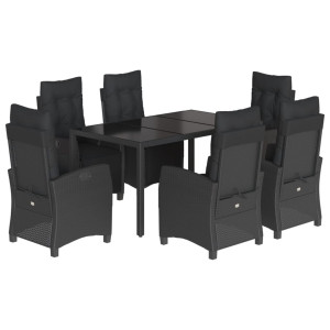 7 pcs conjunto de jantar p/ jardim c/ almofadões vime PE preto H