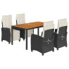 5 pcs conjunto de jantar p/ jardim c/ almofadões vime PE preto 2