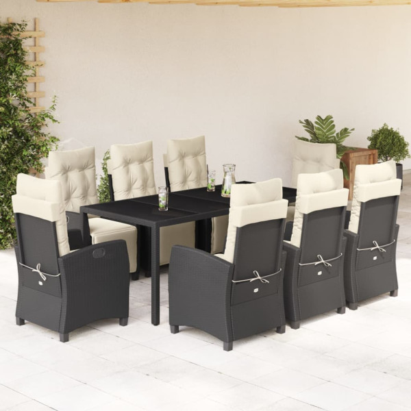 Set de comedor de jardín 9 pzas y cojines ratán sintético negro D