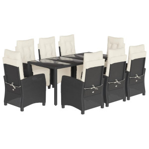 9 pcs conjunto de jantar p/ jardim c/ almofadões vime PE preto H