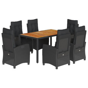7 pcs conjunto de jantar p/ jardim c/ almofadões vime PE preto H