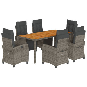 7 pcs conjunto de jantar p/ jardim c/ almofadões vime PE cinza H