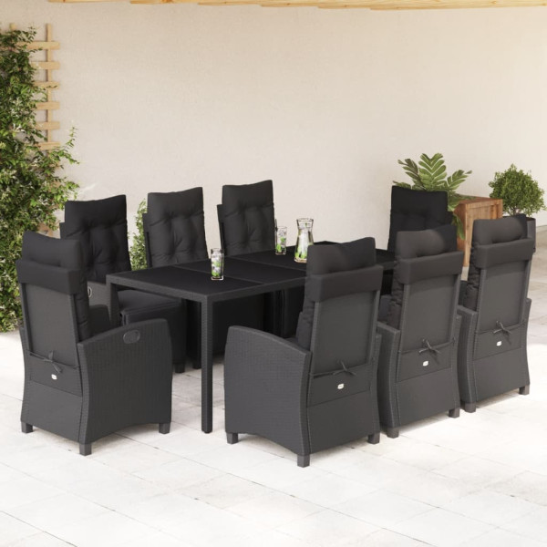 9 pcs conjunto de jantar p/ jardim c/ almofadões vime PE preto D