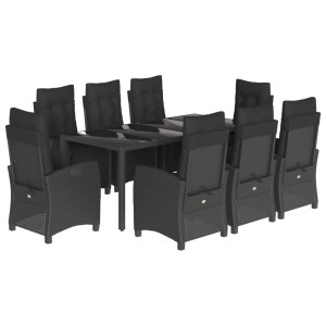 9 pcs conjunto de jantar p/ jardim c/ almofadões vime PE preto H