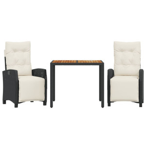 3 pcs conjunto de jantar p/ jardim c/ almofadões vime PE preto H