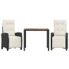 3 pcs conjunto de jantar p/ jardim c/ almofadões vime PE preto 2