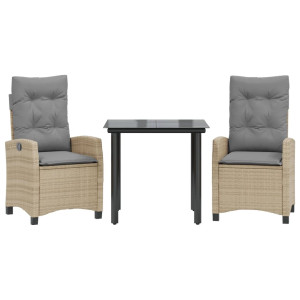 3 pcs conj. jantar jardim c/ almofadões vime PE bege misturado H