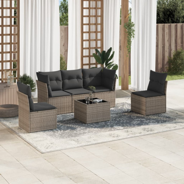 6 pcs conjunto sofás de jardim com almofadões vime cinzento D