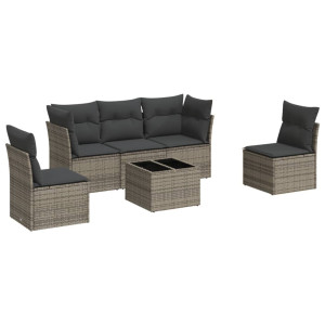 6 pcs conjunto sofás de jardim com almofadões vime cinzento H