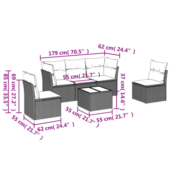 Set de muebles de jardín 6 pzas y cojines ratán sintético gris M 3