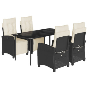 5 pcs conjunto de jantar p/ jardim c/ almofadões vime PE preto H