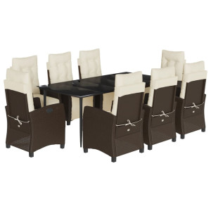 Set comedor para jardín 9 pzas y cojines ratán sintético marrón H