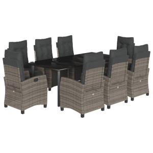 9 pcs conjunto de jantar p/ jardim c/ almofadões vime PE cinza H