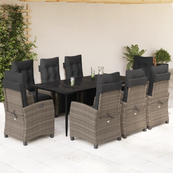 Set comedor jardín 9 pzas y cojines ratán sintético gris D