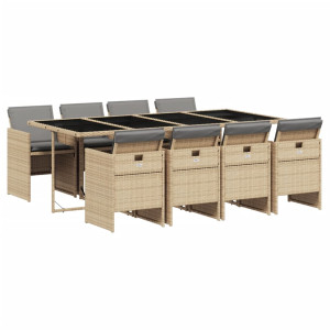Set comedor de jardín 9 pzas con cojines ratán sintético beige H
