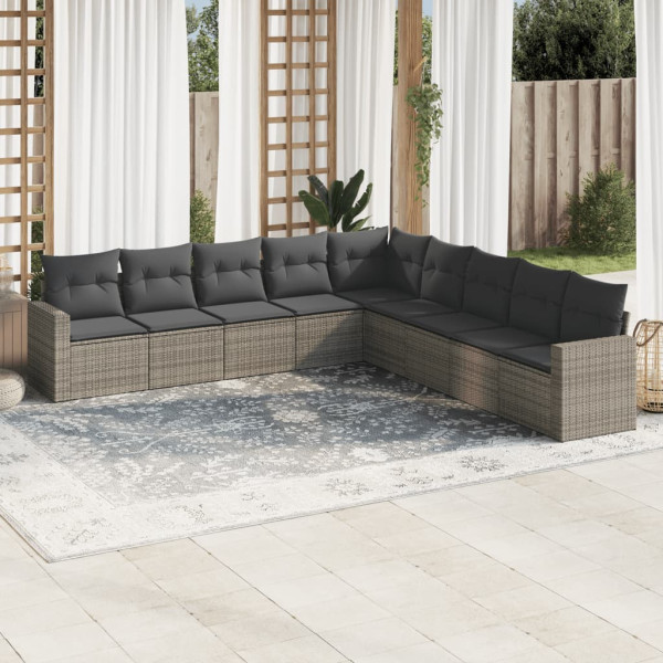 Set de muebles de jardín 9 pzas y cojines ratán sintético gris D