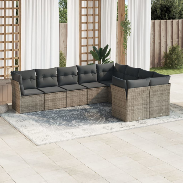 Set de muebles de jardín 9 pzas y cojines ratán sintético gris D