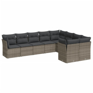 9 pcs conjunto sofás p/ jardim com almofadões vime PE cinzento H