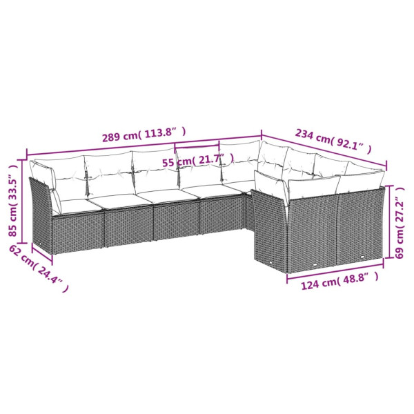 Set de muebles de jardín 9 pzas y cojines ratán sintético gris M 3