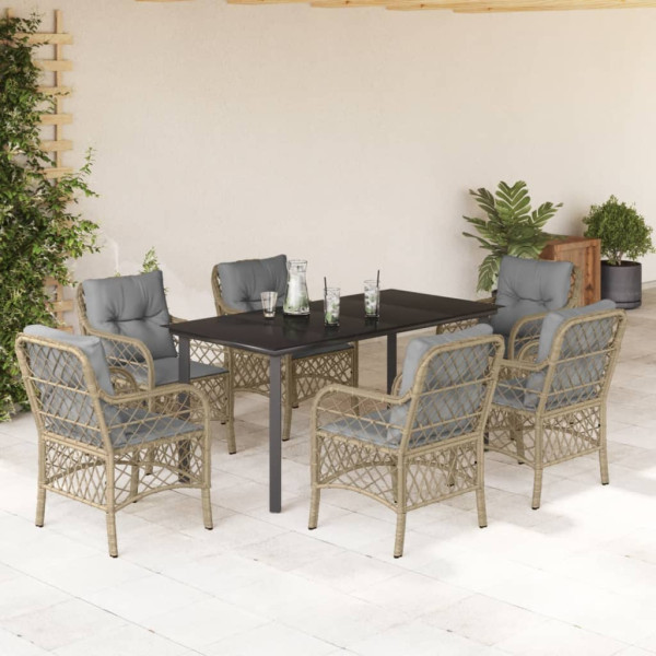 Set comedor de jardín 7 pzas con cojines ratán sintético beige D