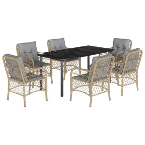 7 pcs conj. jantar jardim c/ almofadões vime PE bege misturado H