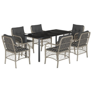 7 pcs conj. jantar p/ jardim c/ almofadões vime PE cinza-claro H
